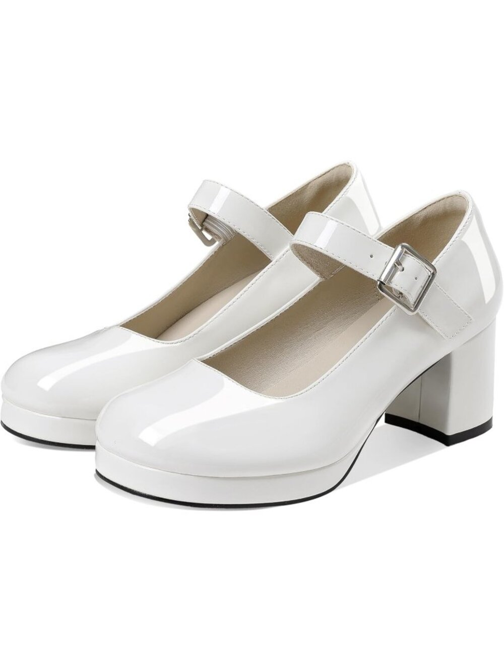 Women's White Low Chunky Heel Mary Jane Ankle Buckle Strap Sweet Round Toe Shoes